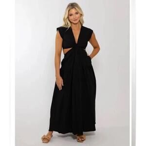 Karlie Black Cutout Maxi Dress Womens Small Cotton Deep V Neck Open Waist
